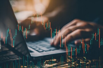 Close-up of hands typing on laptop with financial charts