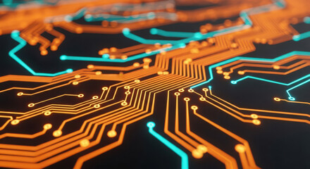 Ai generated image of closeup of a glowing orange and blue computer circuit board