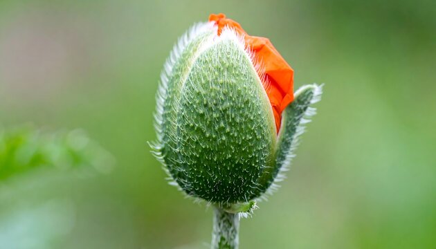 A vibrant orange poppy bud, slightly unfurled, stands tall on a slender green stem against a blurred green backdrop - Powered by Adobe
