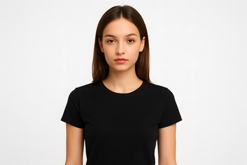 Obraz premium Stock photo of young woman in black t shirt on white background studio