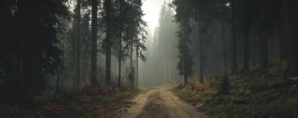 An unpaved forest road winds through dense conifer trees into ethereal mist and fog