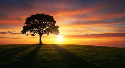 Silhouetted Tree at Sunset, Casting Long Shadows on a Hillside Meadow