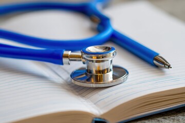 Blue Stethoscope and Pen Resting on Open Notebook with Lined Pages Still Life