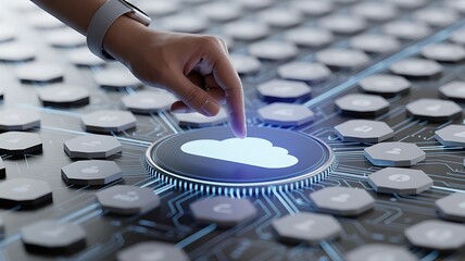 Finger pressing on a cloud icon on a futuristic digital touch interface, symbolizing cloud computing, technology, and digital transformation.