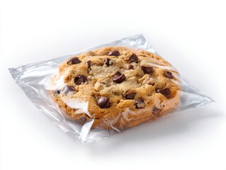 Chocolate chip cookie wrapped in clear plastic isolated on white background