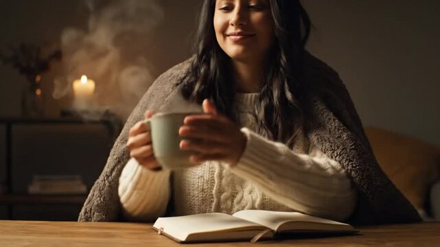 Person writing in notebook cozy atmosphere warm lighting indoor scene relaxation self reflection journal winter comfort