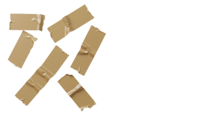 Artfully wrinkled, crumpled brown packing tape pieces with torn edges, subtly overlapping on a pristine transparent background with soft studio lighting. Concept of adaptable problem-solving