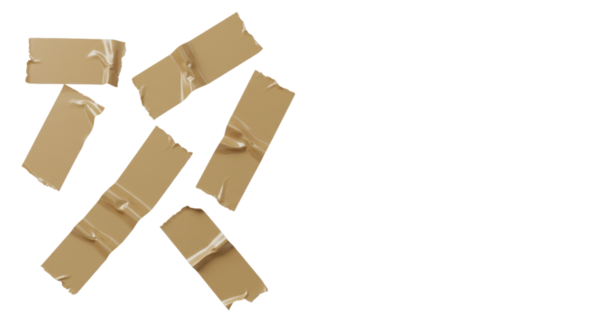 Artfully wrinkled, crumpled brown packing tape pieces with torn edges, subtly overlapping on a pristine transparent background with soft studio lighting. Concept of adaptable problem-solving