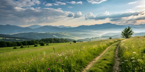 Mountain landscape with snow-capped peaks, green valleys, and clouds against a bright summer sky