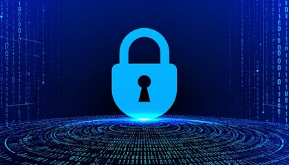 Abstract digital security concept; blue padlock on a circular, glowing platform with binary code background