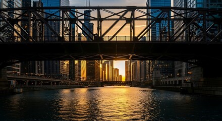 Fototapeta premium Golden Hour on the Chicago River: Bridge and Skyline