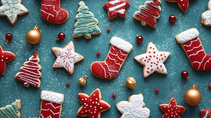 Festive Christmas cookies arranged on a teal background.