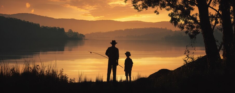 Father and son fishing at sunset shows silhouette of familial bonding near lake