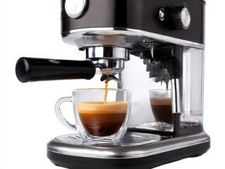 Espresso machine brewing coffee into glass cups isolated on white background