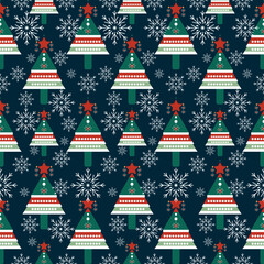 Christmas tree and snowflakes seamless pattern. Vector design on navy blue background. Gift wrapping paper. Modern style.print 300 dpi  illustration.