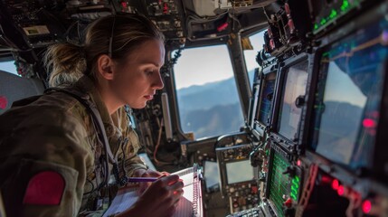 Dynamic scene of a flight nurse closely observing monitors and documenting patient status inside a whirling helicopter ensuring continuous intransit medical support.