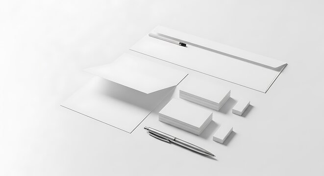 Stationery branding mockup with letterhead envelope business cards and pen isolated on white background - Powered by Adobe