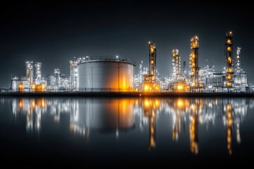 Industrial night scene of a refinery complex by a water reflecting the lights