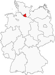 Obraz premium Map of Germany highlighting the city-state of Hamburg. Ideal for designs on German port cities, commerce, and the Elbe River region