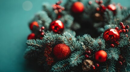 Close-up of a festive Christmas wreath.