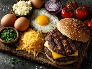 Gourmet Cheeseburger Flat Lay with Fresh Ingredients on Rustic Board
