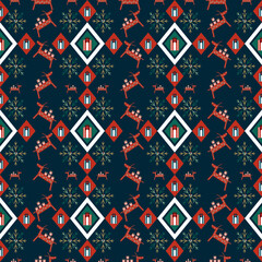 Christmas seamless pattern. Vector illustration on navy blue background. Gift wrapping paper. Modern style. 300 dpi print.