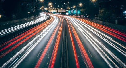 Long exposure photograph of highway traffic at night, showcasing light trails from passing vehicles.
