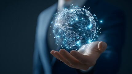 Man s hand holding a glowing digital sphere of connections