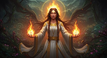 Majestic fairy goddess holding a magical fire orb