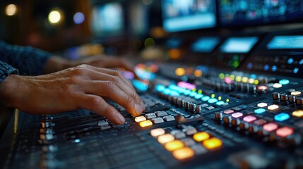 Closeup of a broadcast technicians hands finetuning audio sliders and switching camera angles to maintain perfect timing and quality in a live studio.