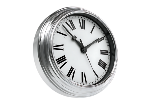 Elegant silver clock with Roman numerals marking time, a timeless design for schedules and appointments, perfect for illustrating deadlines or punctuality - Powered by Adobe