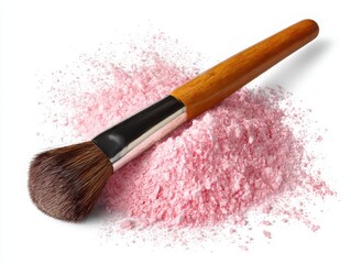 Makeup brush with pink powder isolated on white background