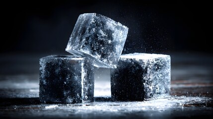 Close-up of several ice cubes on a dark surface.