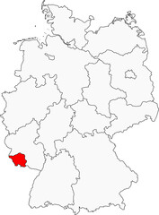 Map of Germany highlighting the state of Saarland. Ideal for projects on its industrial history, strong French cultural influence, and border location