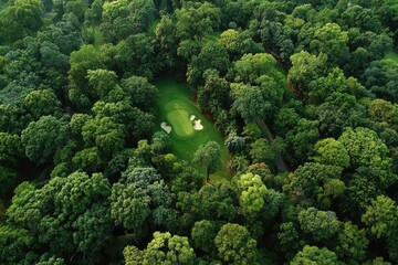 Naklejka premium Lush golf course nestled in dense forest