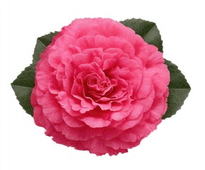 Close-up of a vibrant pink camellia flower with leaves