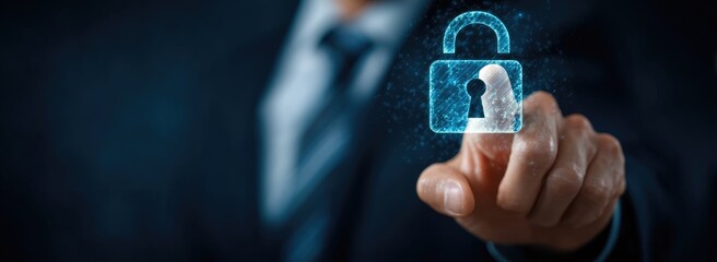 Businessman's finger points to a digital lock