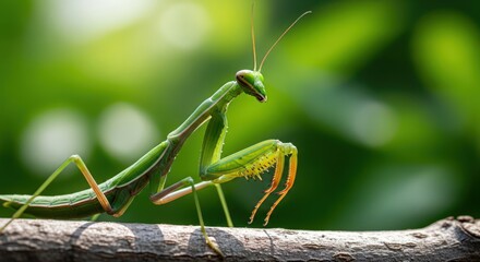 Detailed Macro of a Green Praying Mantis on a Branch with Blurred Green Background