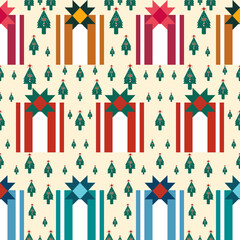 Gift boxes and Christmas tree. Seamless vector pattern on earth tone background. Modern style.illustration print design 300 dpi