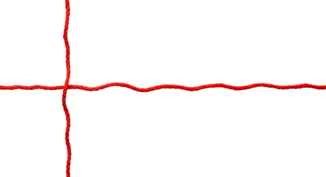 Vibrant red thread, slightly undulating, perfectly centered horizontally on a pristine transparent background with soft studio light, no shadows, sharp focus, minimalist abstract concept of clarity