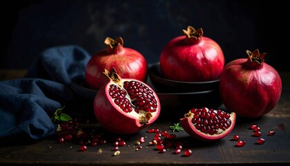 Pomegranate Still Life: Seeds, Halves, and Whole Fruits on Dark Wood Surface
