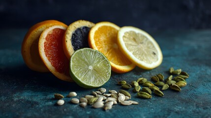 Vibrant citrus slices and seeds on a textured surface.