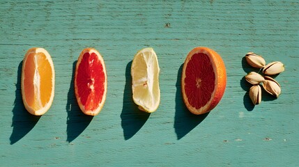 Citrus fruit slices arranged on a teal wooden surface with pistachios.