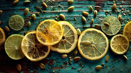 Close-up of citrus slices on a teal wooden surface.
