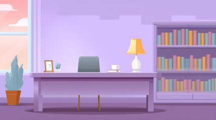 Cartoon Home Office Interior Desk, Lamp, Bookshelf in Purple Color, Study , Workspace