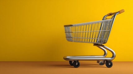 Chrome Shopping Cart on Yellow, Retail ,Groceries