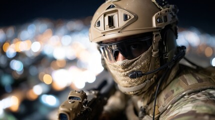 Special operations team fast-roping from helicopter onto rooftop at night.
