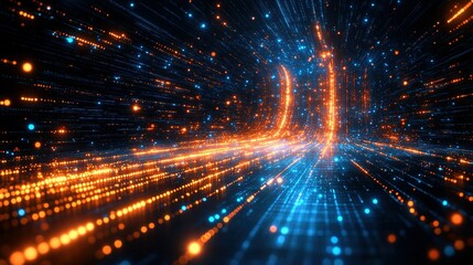Abstract digital network with glowing blue and orange light streams in dark space.
