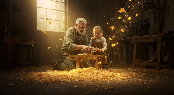 Grandfather teaching child woodworking at bench with shavings flying in warm workshop. Cinematic cozy style. Craft, patience and bonding concept. Education materials, tool brands, family services - Powered by Adobe