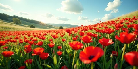 Serene Sunset Over a Verdant Meadow Abundantly Adorned with Vibrant Scarlet Poppies